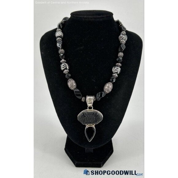 Vintage Bob Summers STERLING SILVER Art Glass Onyx JET Pendant Necklace 17